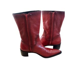 Etienne Aigner Women's Red Pointed Toe Side Zipper Leather Ankle Boots 7